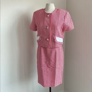 VINTAGE Houndstooth Dress Set  Womens Sz 10 Red and White Sheath Cropped Jacket
